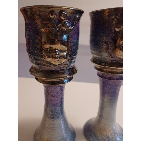 Goblets-Pair of Vintage Signed LaStella Art Pottery Goblets Medusa Mermaid OOAK - Picture 2 of 9